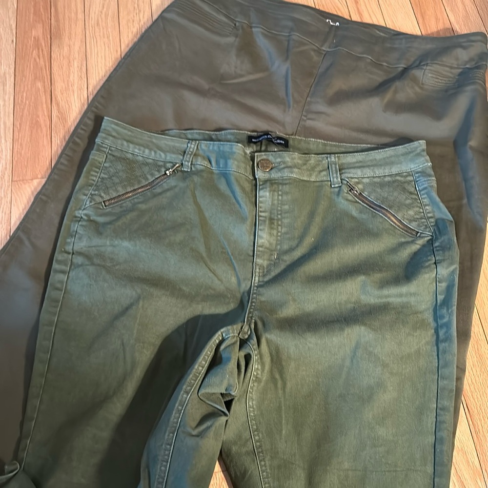 Size 20 pants. Hunter/army green. One pair of dress pants and one pair jeans.